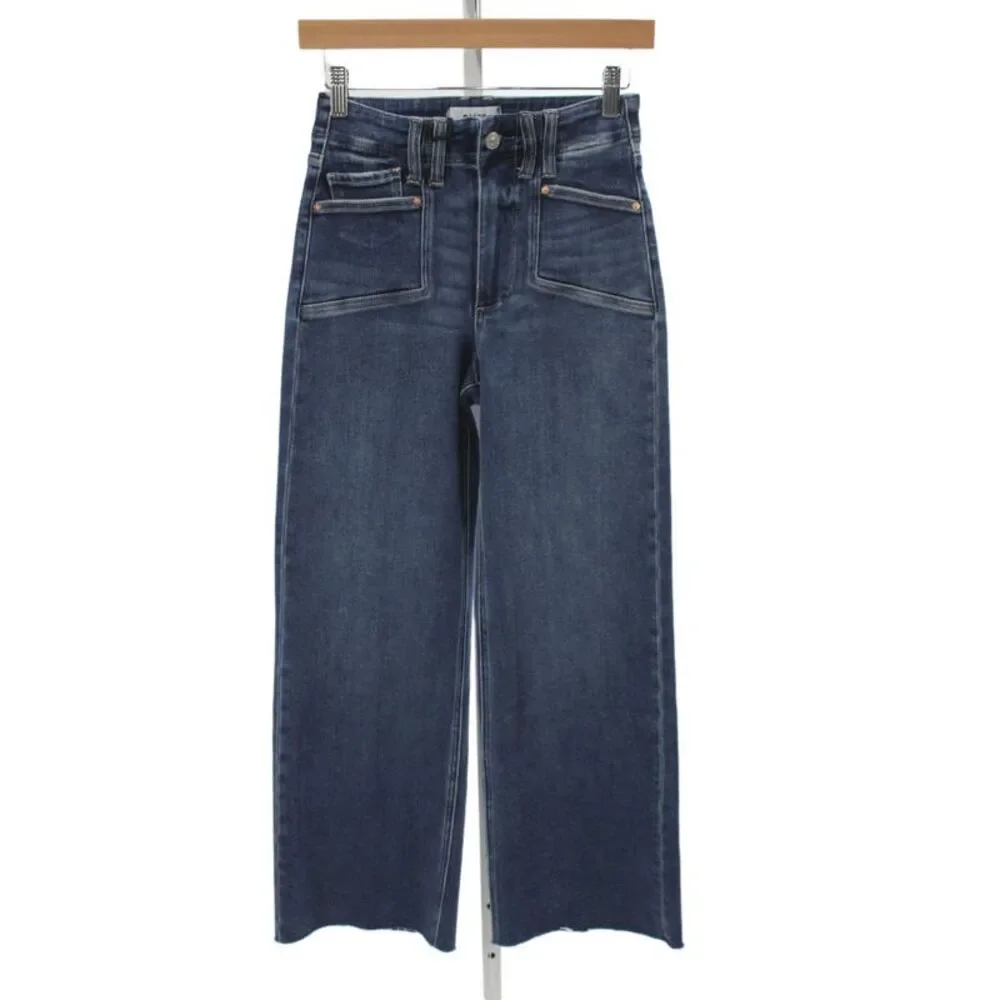 Paige Women Ankle Wide Leg Jeans Dark Blue Mid Rise Inseam 26 Size 24
